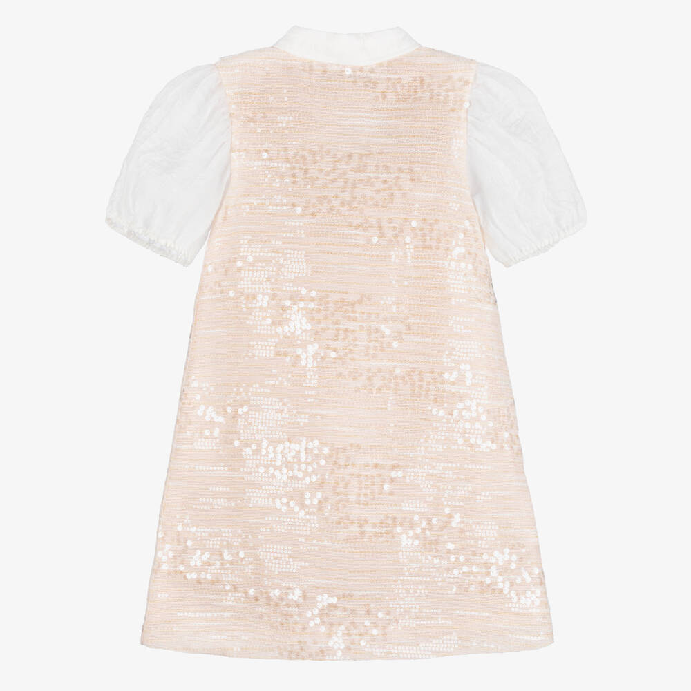 BCBGMAXAZRIA-Girls Pink Sequinned Tweed Dress with Ruffle Trim | Childrensalon Outlet