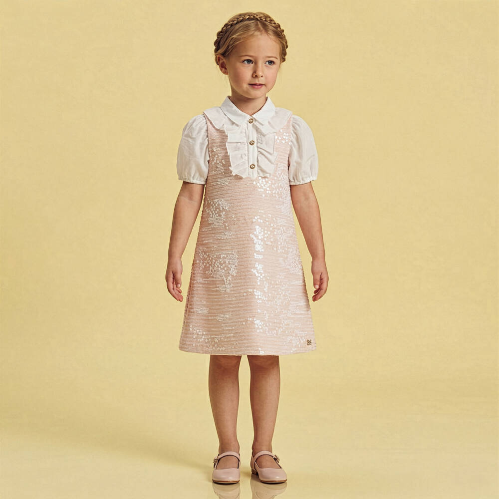 BCBGMAXAZRIA-Girls Pink Sequinned Tweed Dress with Ruffle Trim | Childrensalon Outlet