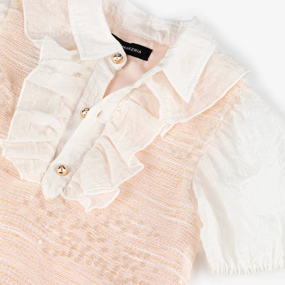 BCBGMAXAZRIA-Girls Pink Sequinned Tweed Dress with Ruffle Trim | Childrensalon Outlet