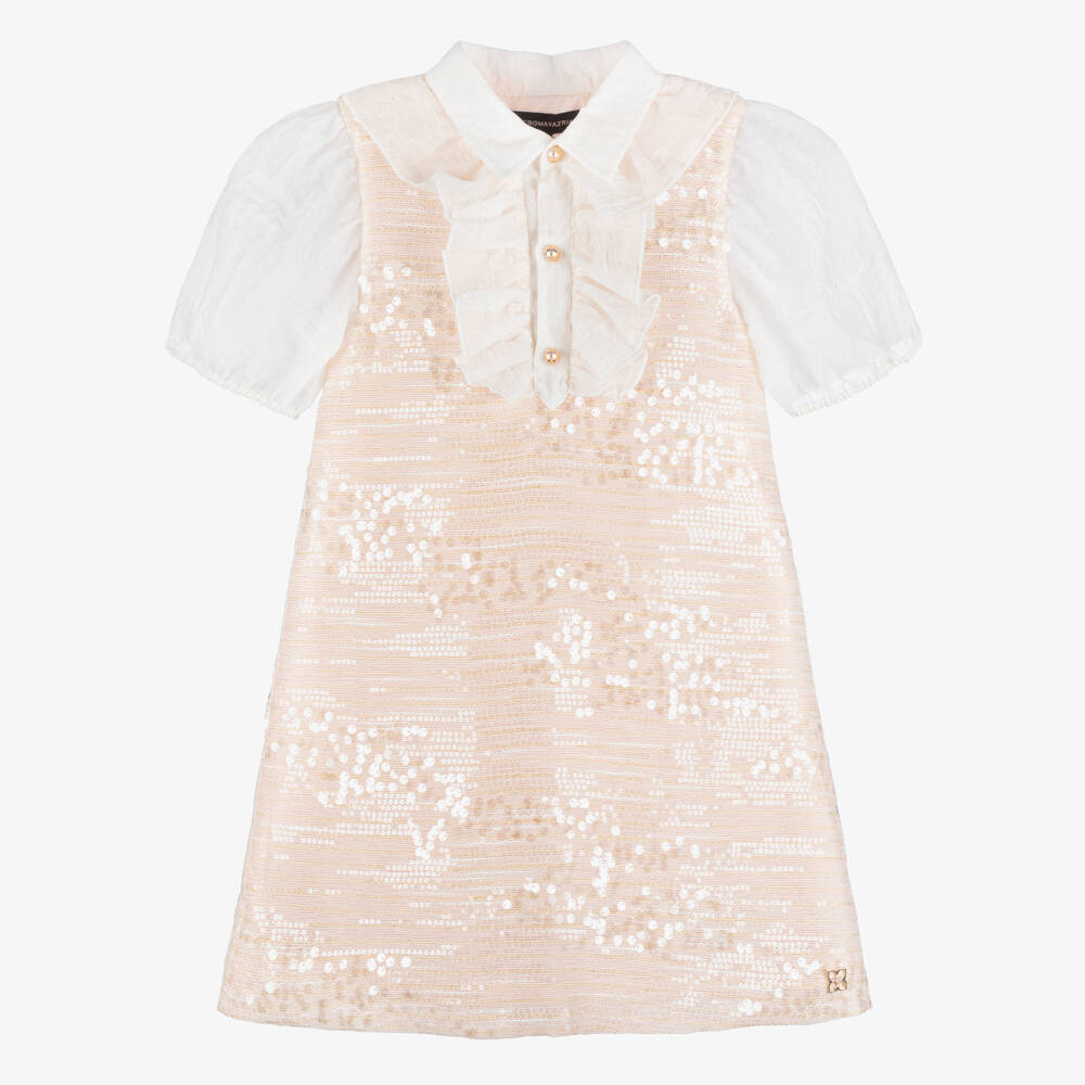 BCBGMAXAZRIA-Girls Pink Sequinned Tweed Dress with Ruffle Trim | Childrensalon Outlet