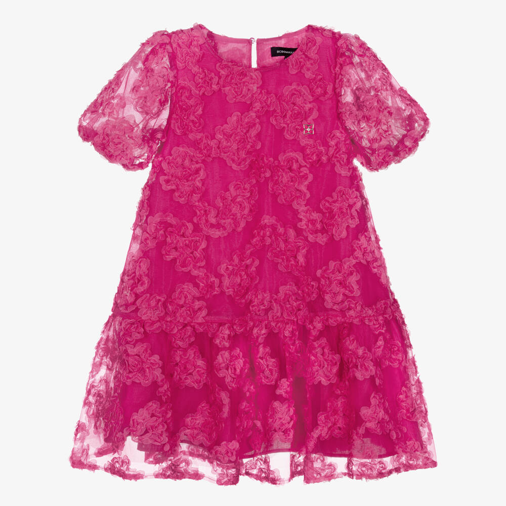 BCBGMAXAZRIA-Girls Pink Tulle Dress with Ruffled Floral Appliqués | Childrensalon Outlet