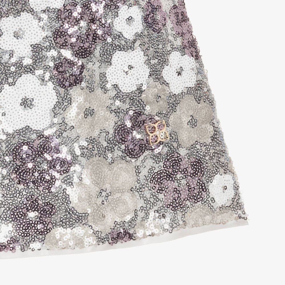 BCBGMAXAZRIA-Girls Silver Floral Sequinned Dress with Velvet Bow | Childrensalon Outlet