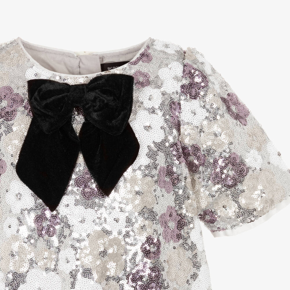 BCBGMAXAZRIA-Girls Silver Floral Sequinned Dress with Velvet Bow | Childrensalon Outlet