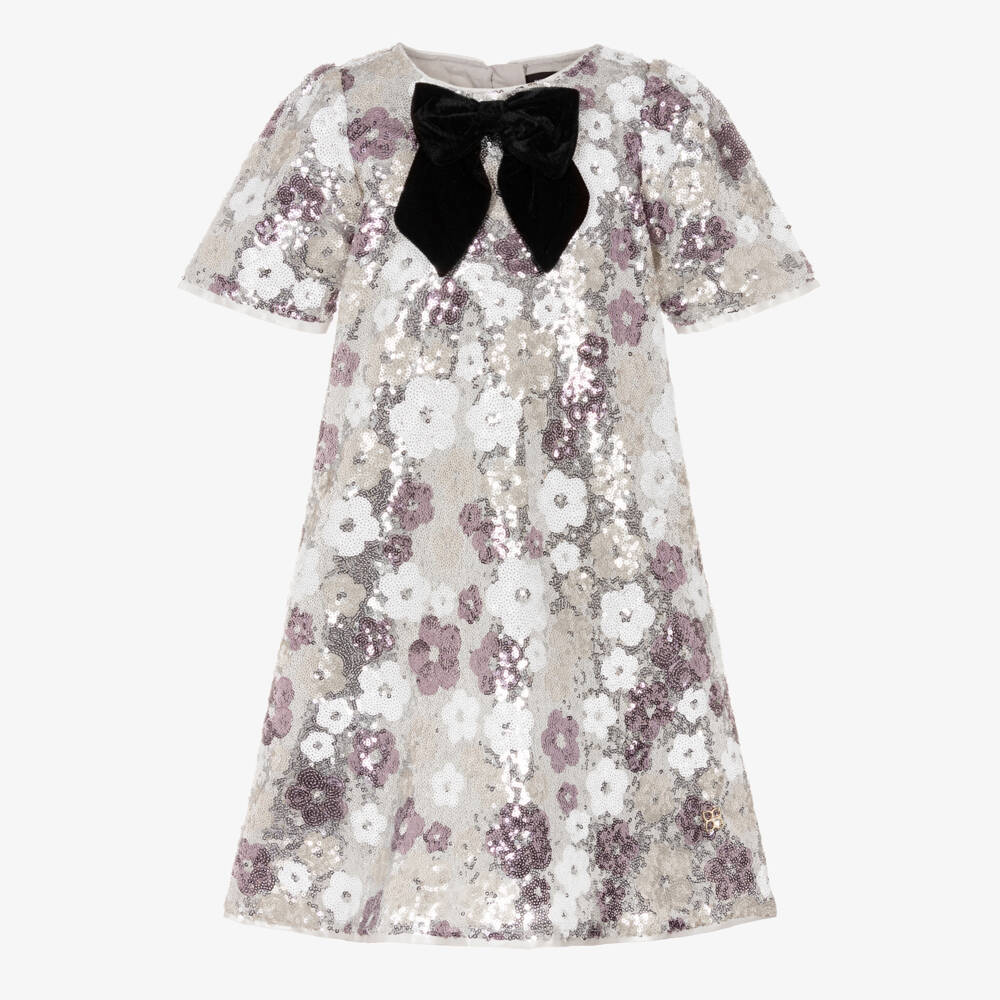 BCBGMAXAZRIA-Girls Silver Floral Sequinned Dress with Velvet Bow | Childrensalon Outlet