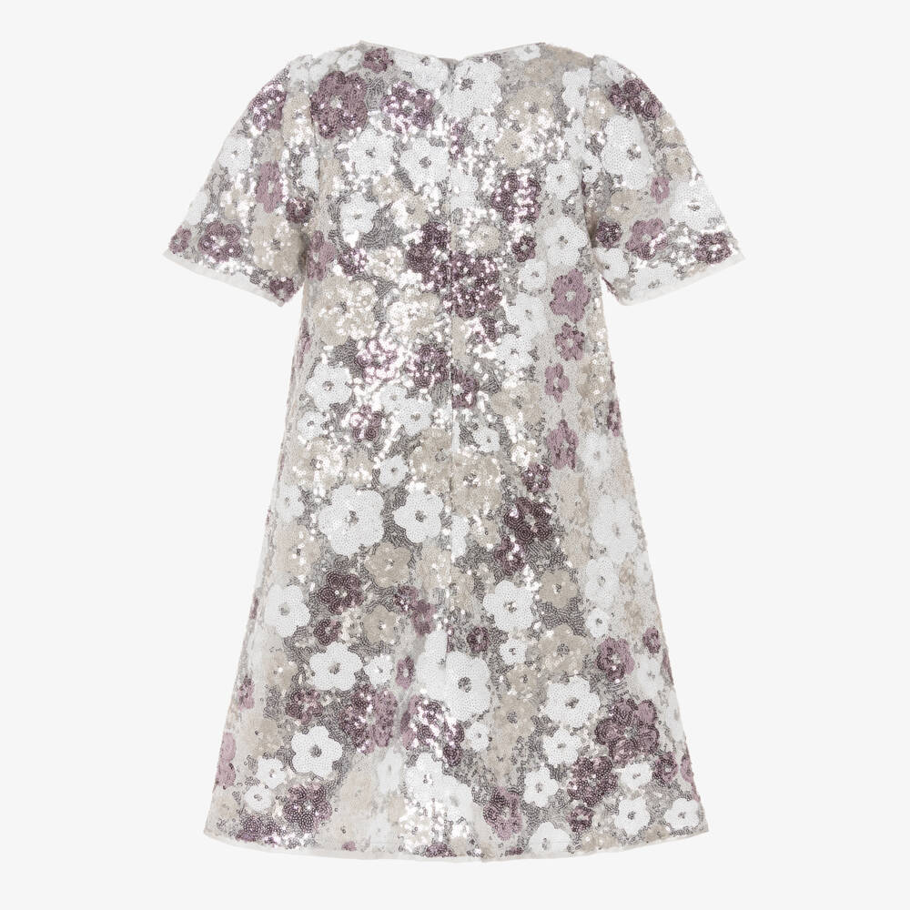 BCBGMAXAZRIA-Girls Silver Floral Sequinned Dress with Velvet Bow | Childrensalon Outlet