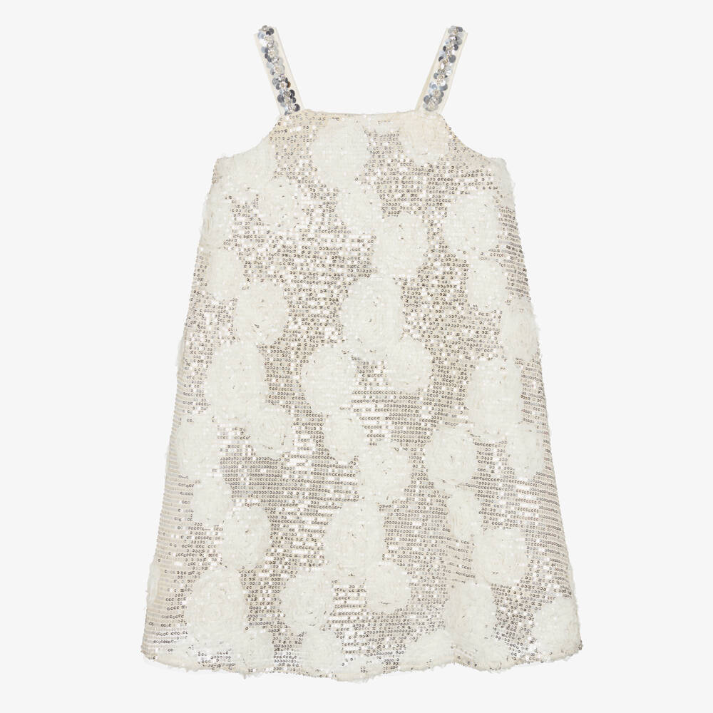 BCBGMAXAZRIA-Girls Silver Sequin Dress with Ivory Tulle Florals | Childrensalon Outlet