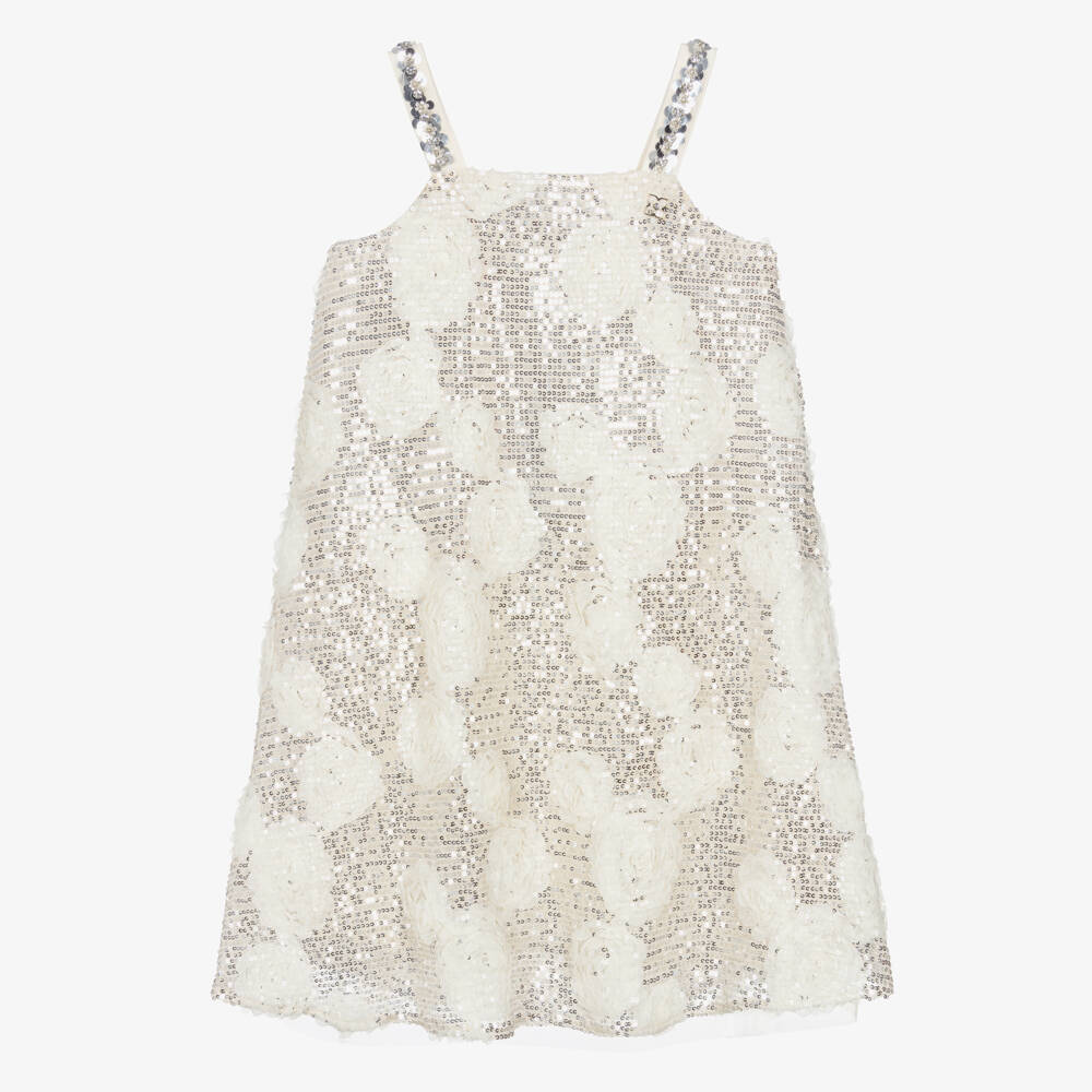 BCBGMAXAZRIA-Girls Silver Sequin Dress with Ivory Tulle Florals | Childrensalon Outlet