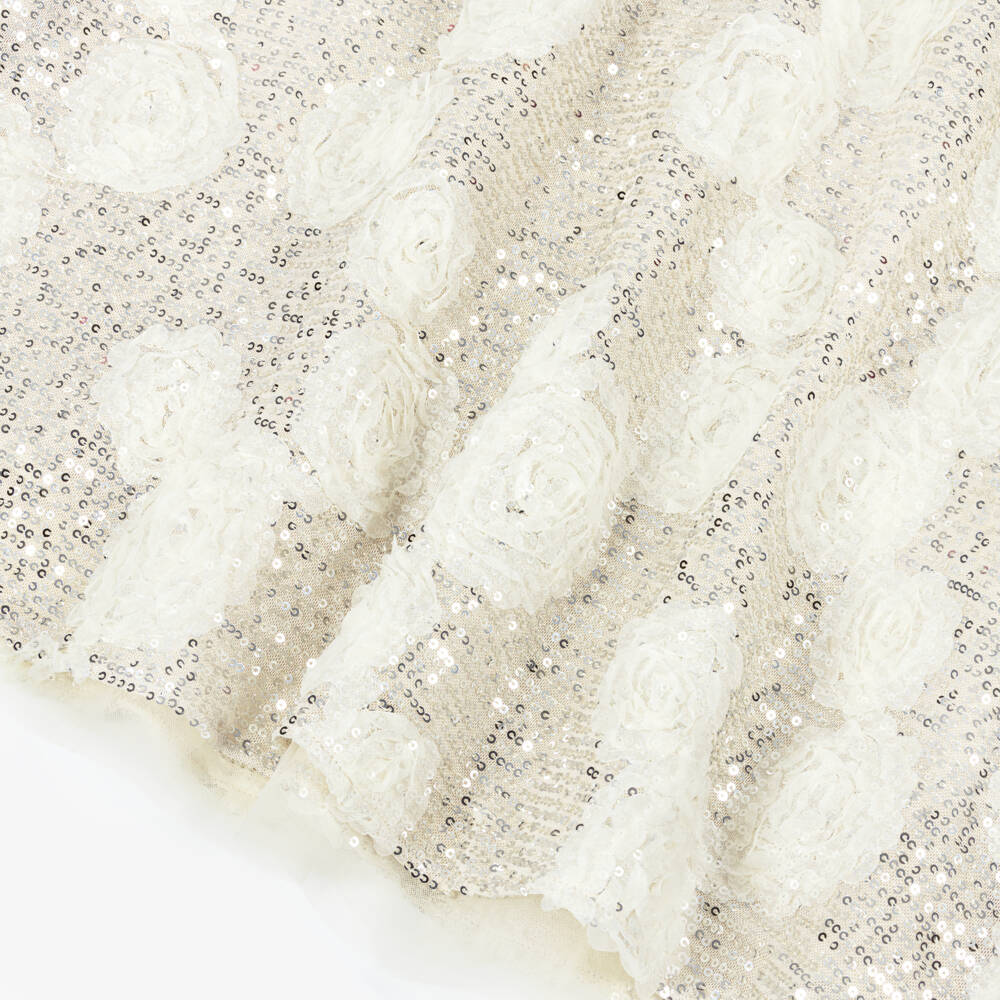 BCBGMAXAZRIA-Girls Silver Sequin Dress with Ivory Tulle Florals | Childrensalon Outlet
