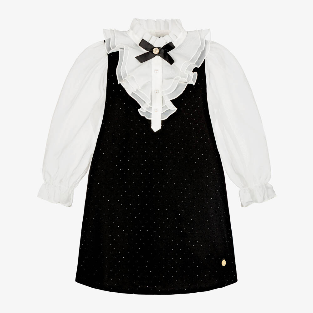 BCBGMAXAZRIA-Girls Sparkly Black & White Ruffle Neck Dress | Childrensalon Outlet
