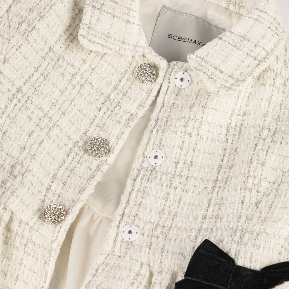 BCBGMAXAZRIA-Girls White & Silver Tweed Coat with Black Bows | Childrensalon Outlet