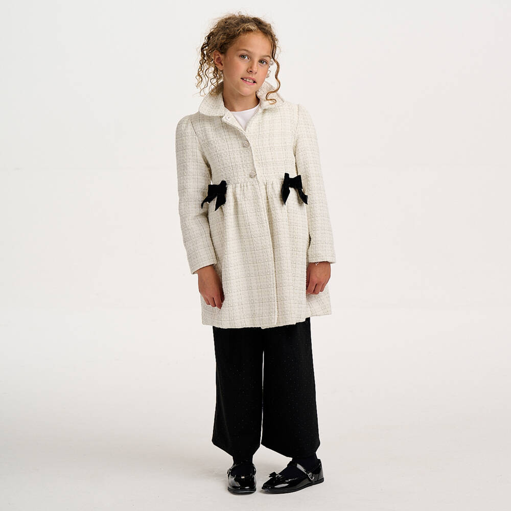 BCBGMAXAZRIA-Girls White & Silver Tweed Coat with Black Bows | Childrensalon Outlet