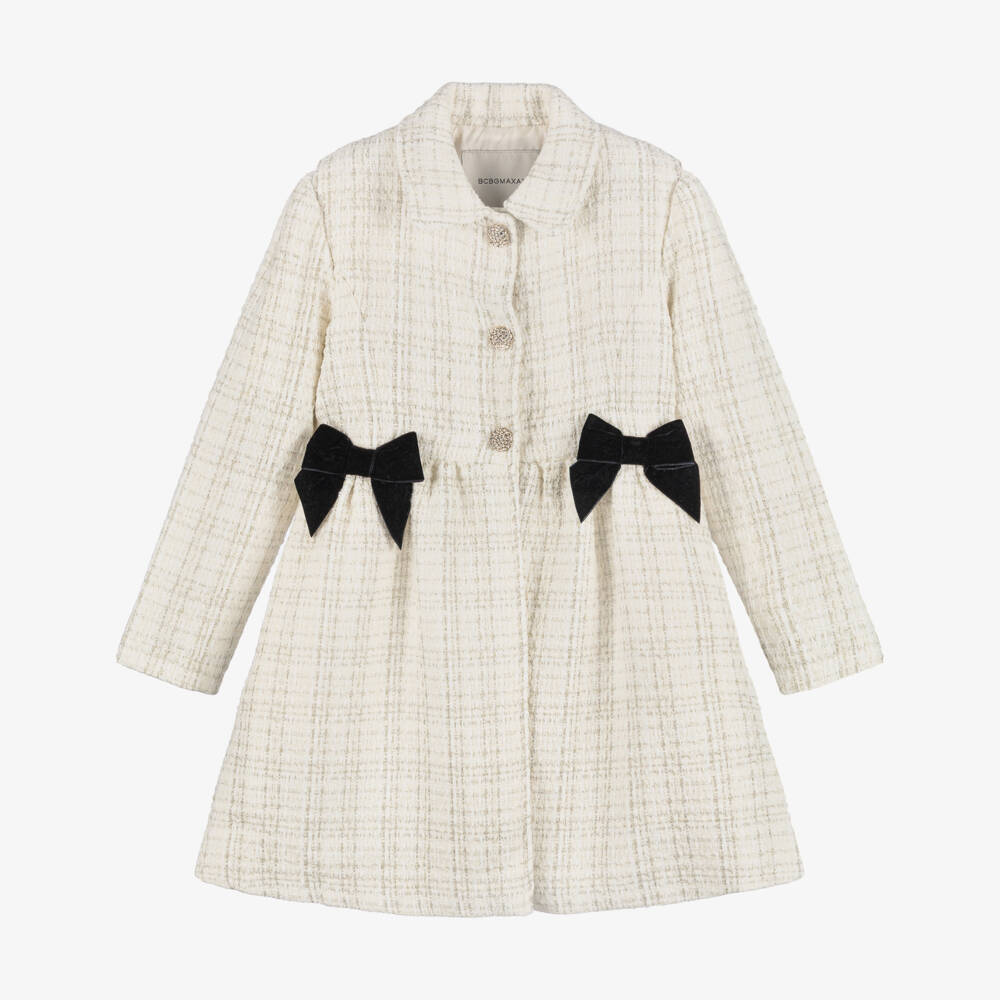 BCBGMAXAZRIA-Girls White & Silver Tweed Coat with Black Bows | Childrensalon Outlet