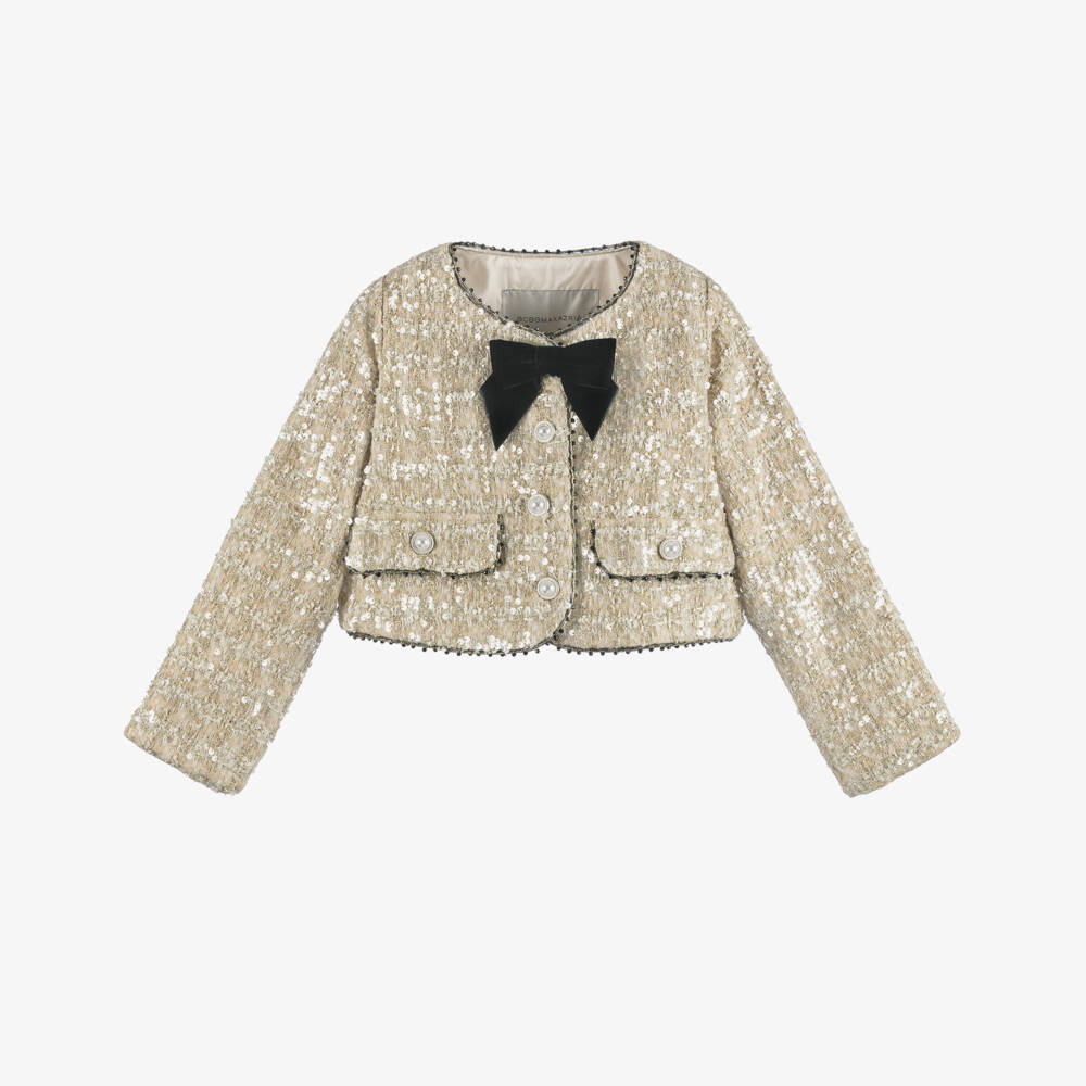 BCBGMAXAZRIA-Gold Sequin Tweed Black Bow Short Coat | Childrensalon Outlet