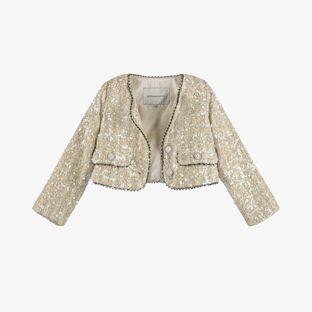 BCBGMAXAZRIA-Gold Sequin Tweed Black Bow Short Coat | Childrensalon Outlet