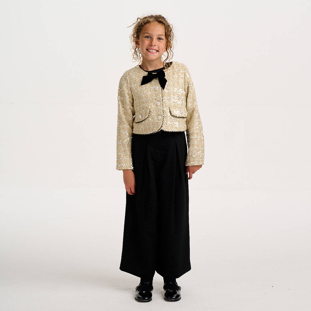 BCBGMAXAZRIA-Gold Sequin Tweed Black Bow Short Coat | Childrensalon Outlet