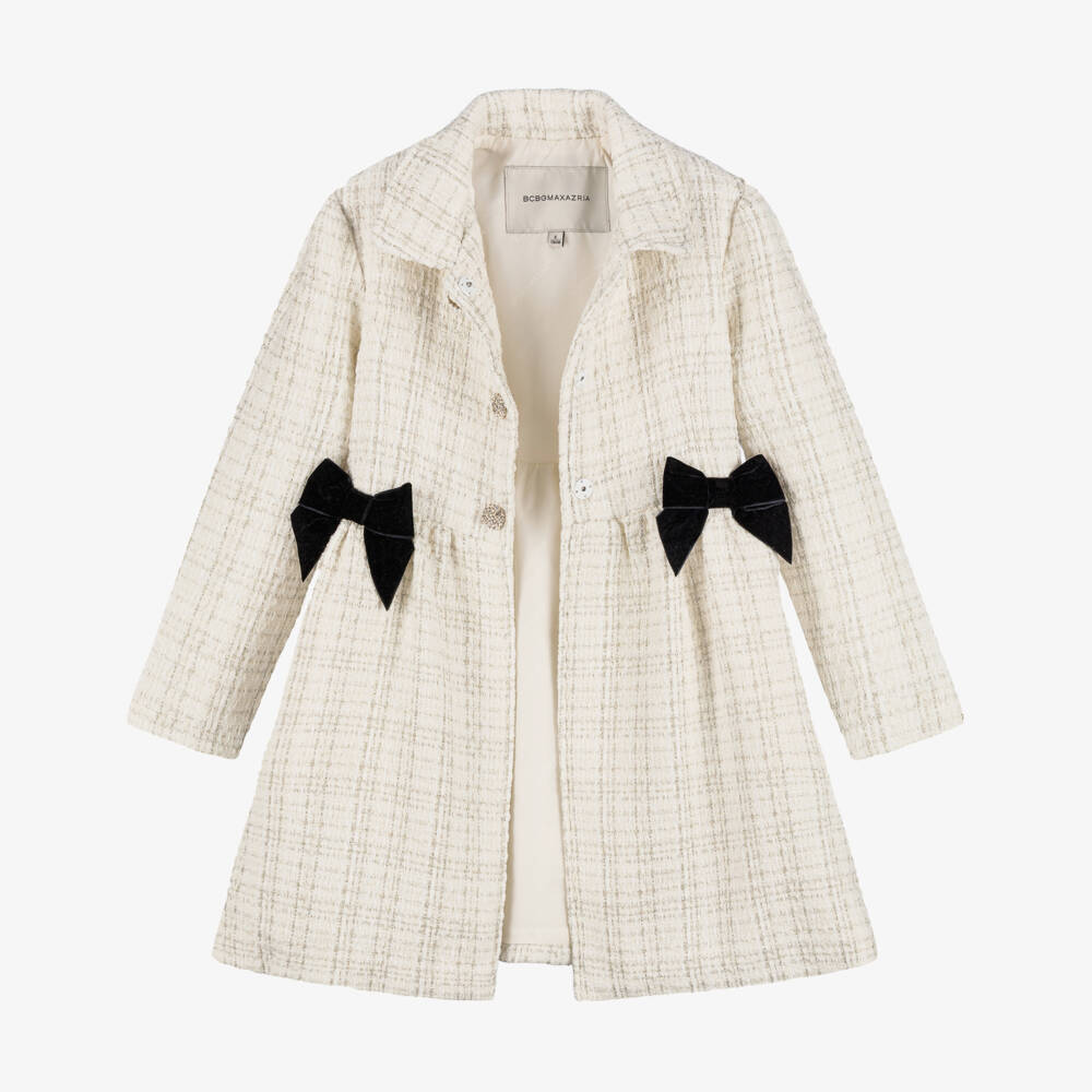 BCBGMAXAZRIA-White Tweed Black Bow Diamante Button Long Coat | Childrensalon Outlet
