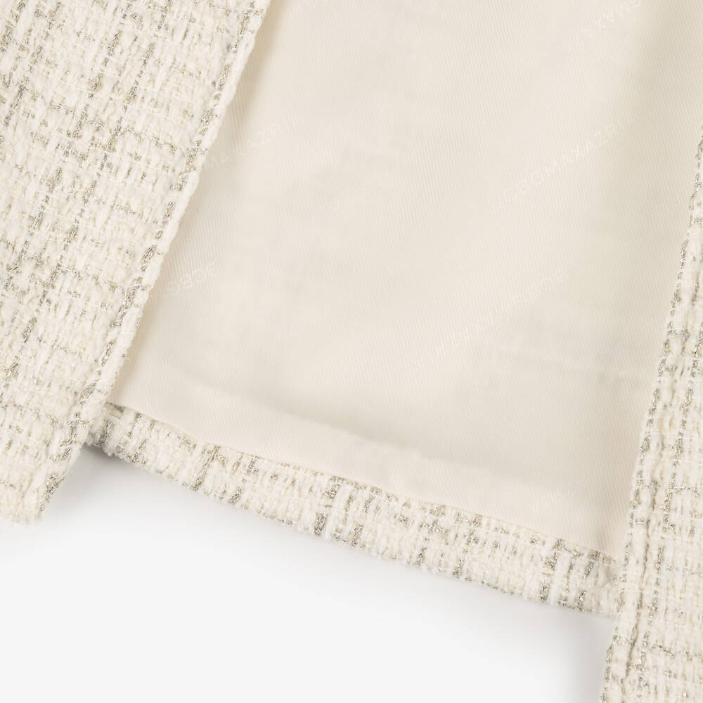 BCBGMAXAZRIA-White Tweed Black Bow Diamante Button Long Coat | Childrensalon Outlet