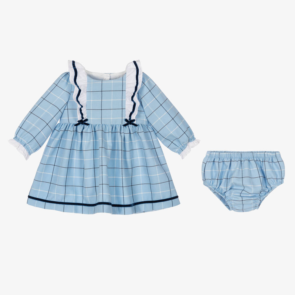 Beatrice & George-Baby Girls Blue Check Frill Viscose Dress | Childrensalon Outlet