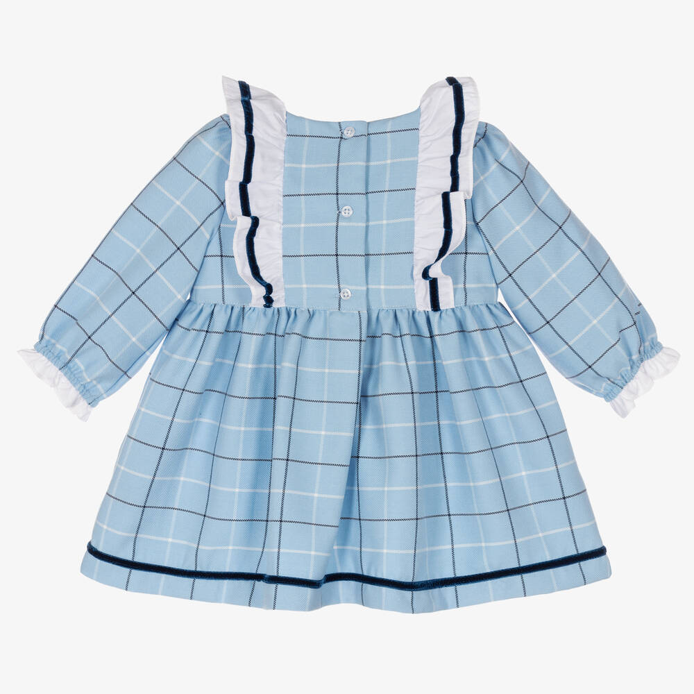 Beatrice & George-Baby Girls Blue Check Frill Viscose Dress | Childrensalon Outlet