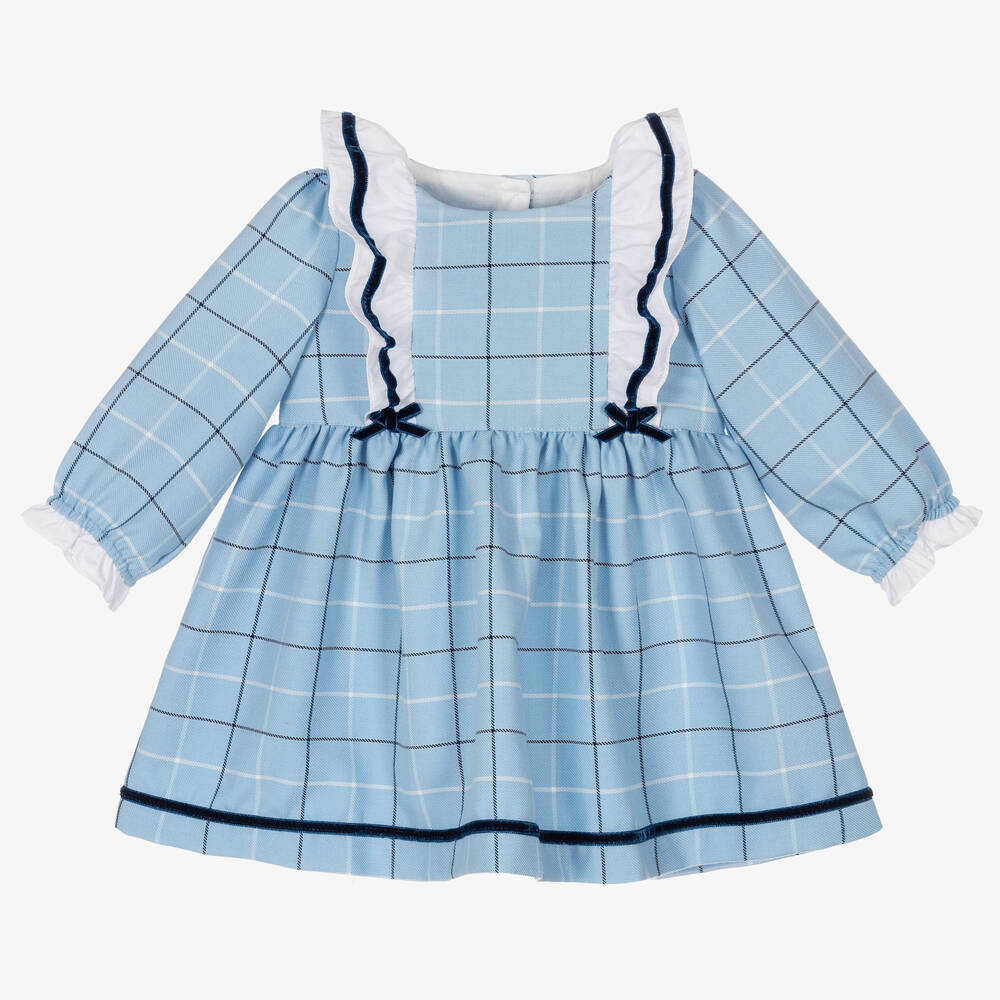 Beatrice & George - Baby Girls Blue Check Frill Viscose Dress | Childrensalon