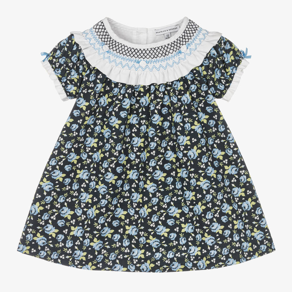 Beatrice & George - Baby Girls Blue Floral Smocked Cotton Dress | Childrensalon