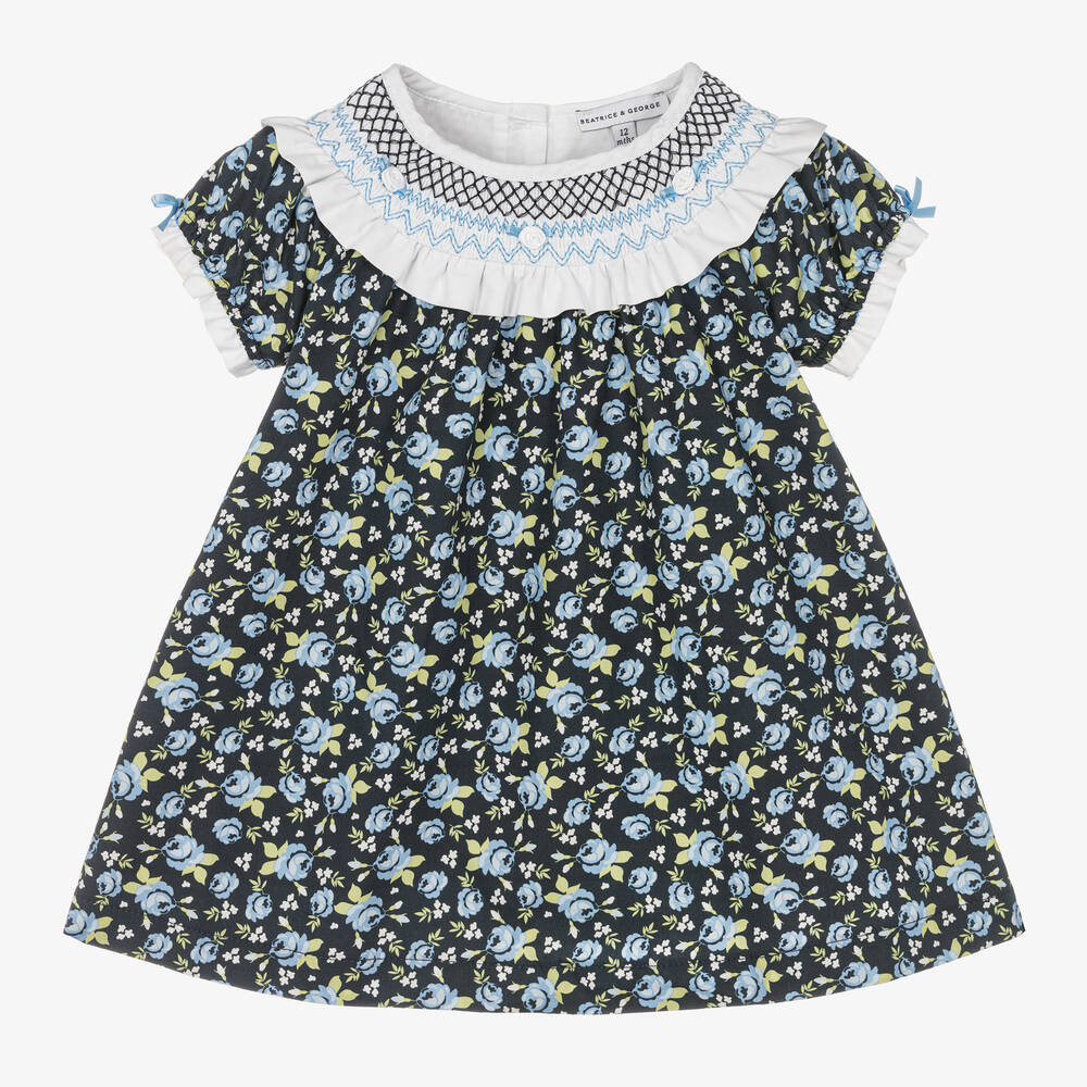 Beatrice & George-Baby Girls Blue Floral Smocked Cotton Dress | Childrensalon Outlet