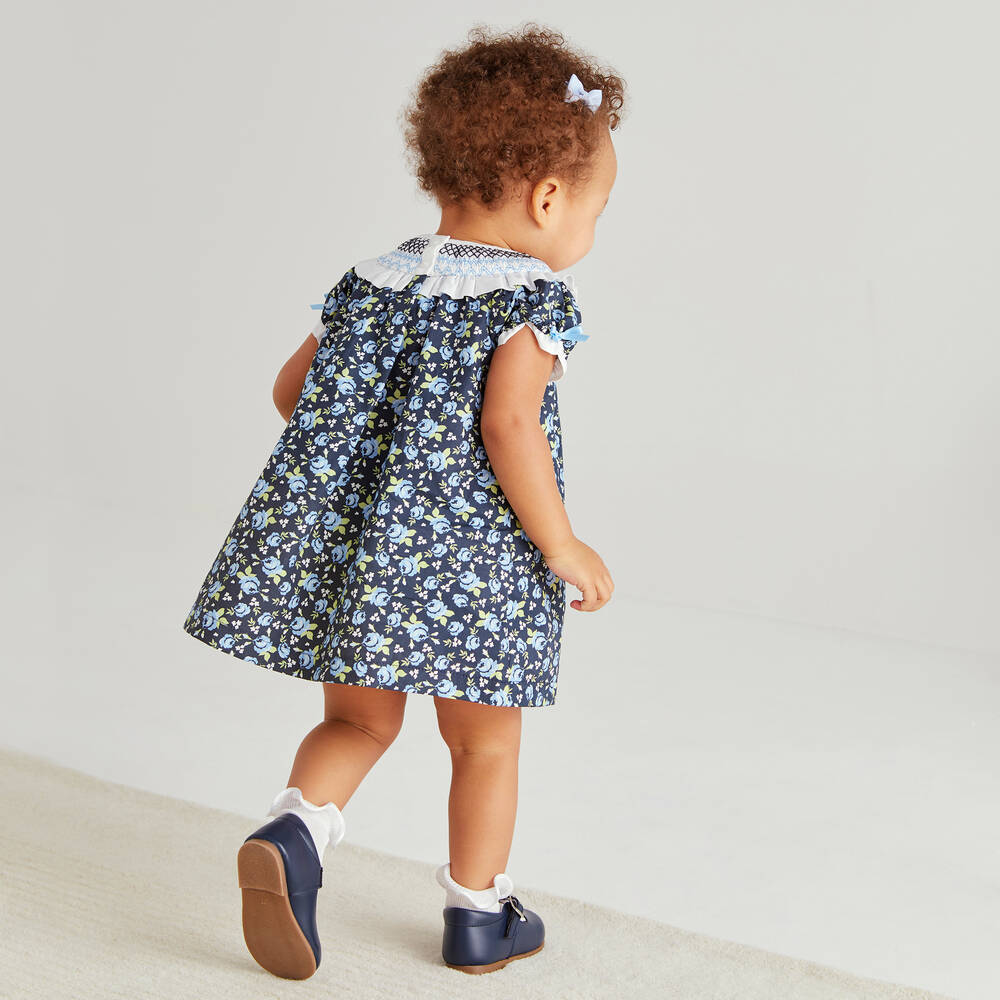 Beatrice George Baby Girls Blue Floral Smocked Cotton Dress