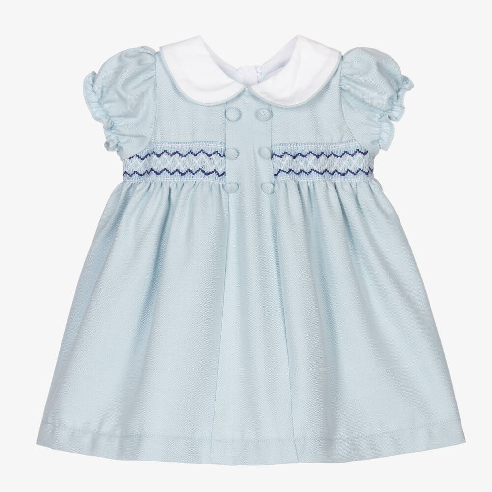 Beatrice & George - Robe bleue en viscose à smocks bébé fille | Childrensalon