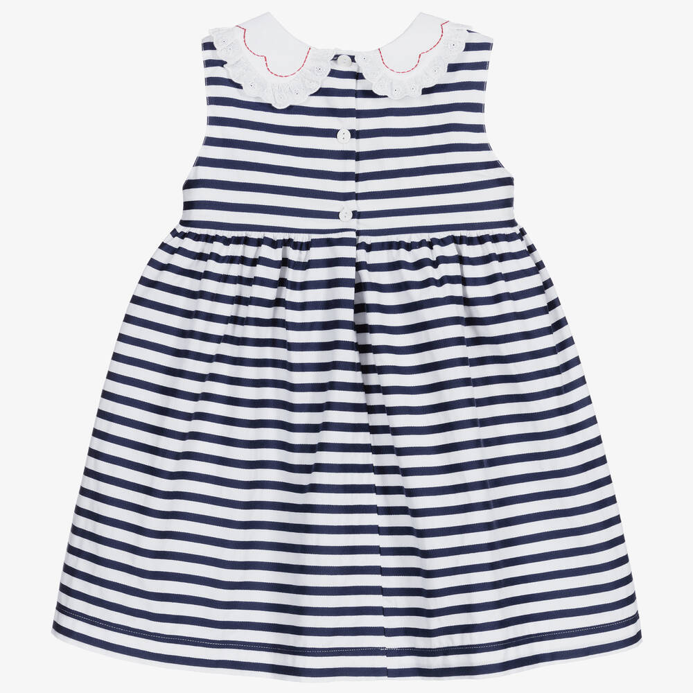 Beatrice & George-Baby Girls Blue Stripe Smocked Cotton Dress | Childrensalon Outlet