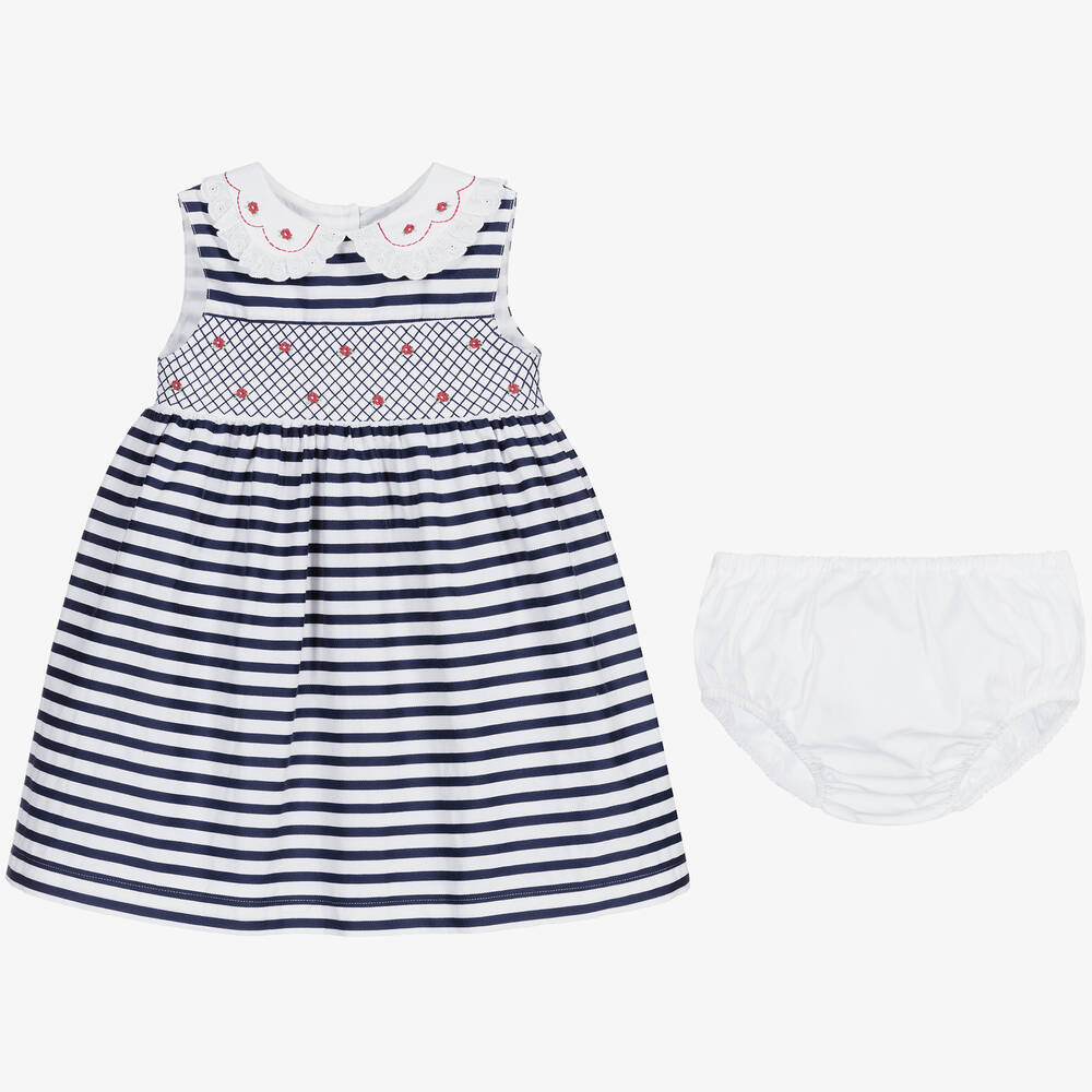 Beatrice & George-Baby Girls Blue Stripe Smocked Cotton Dress | Childrensalon Outlet