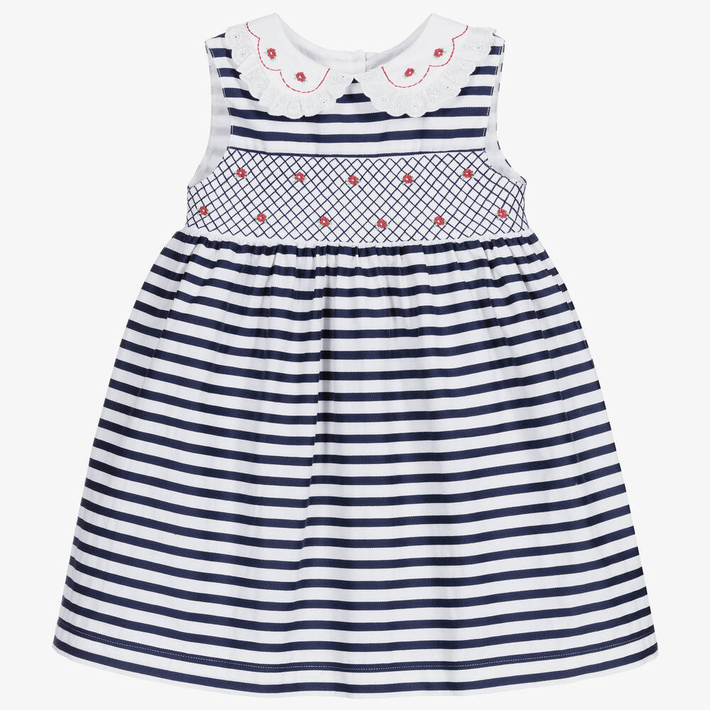 Beatrice & George - Baby Girls Blue Stripe Smocked Cotton Dress | Childrensalon
