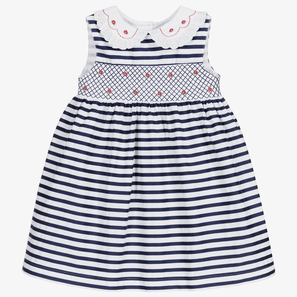 Beatrice & George - Robe bleue en coton à smocks et rayures bébé fille | Childrensalon