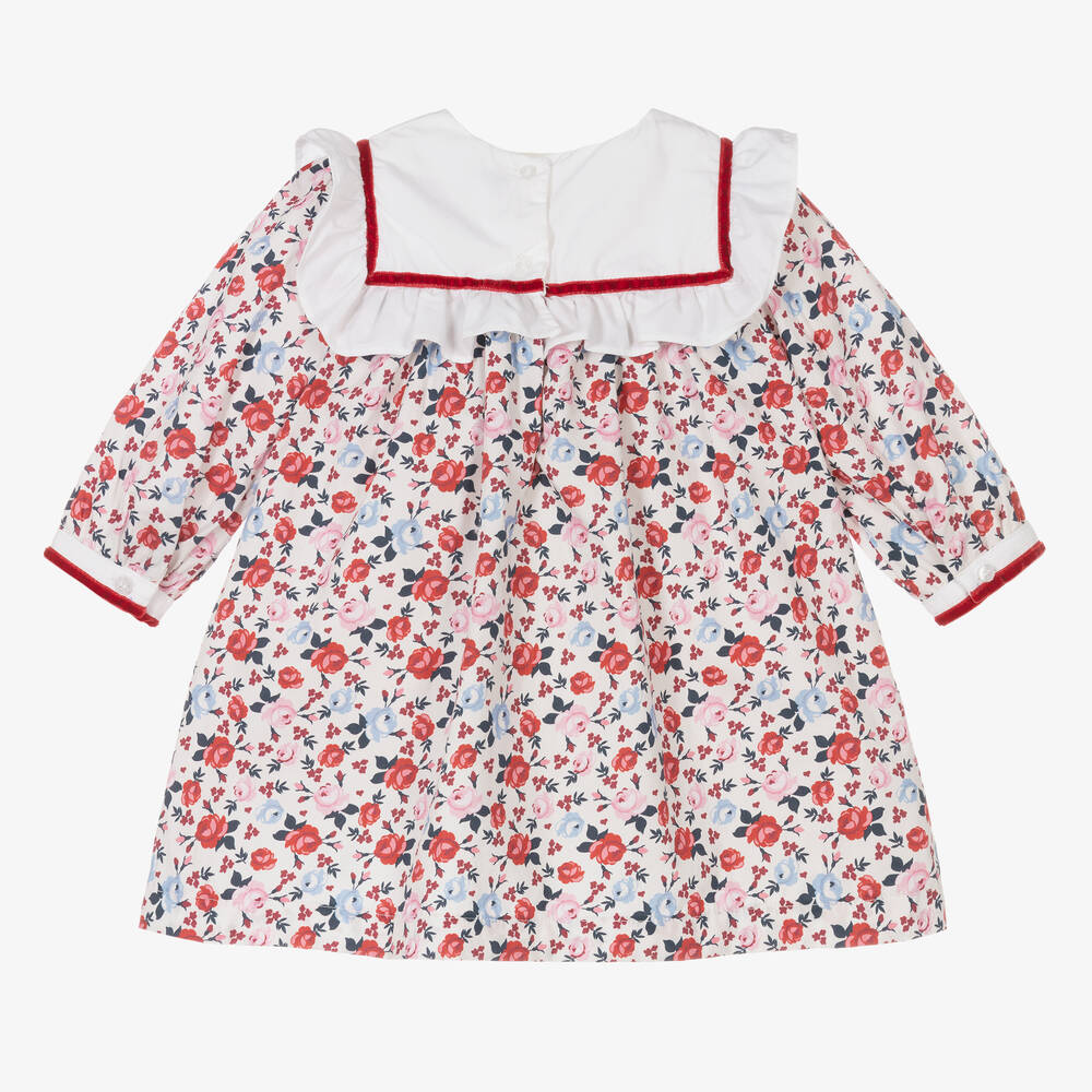 بياتريس آند جورج-فستان قطن عضوي بوبلين لون عاجي وأحمر بطبعة ورود | Childrensalon Outlet
