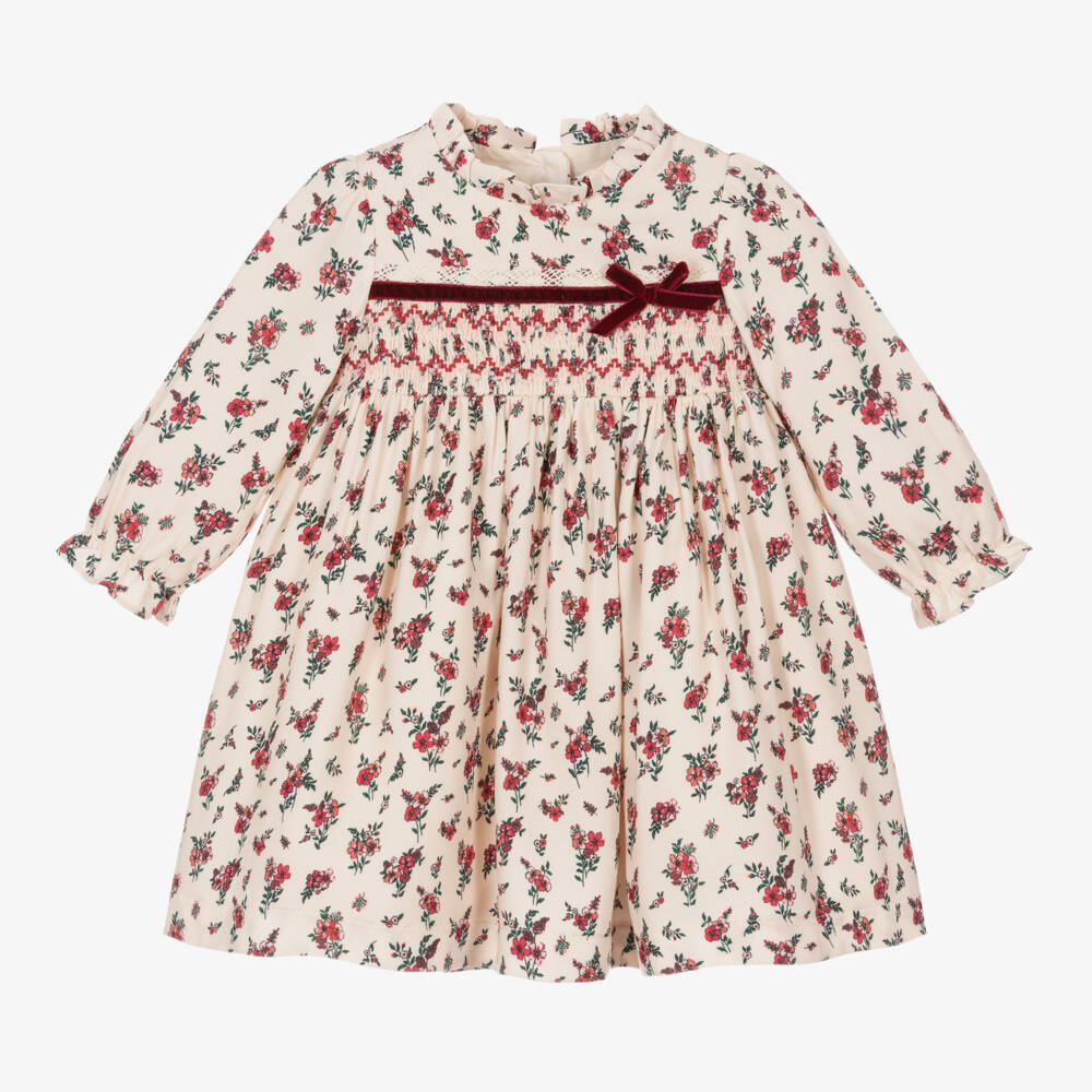 Beatrice & George-Baby Girls Ivory & Red Smocked Floral Dress | Childrensalon Outlet