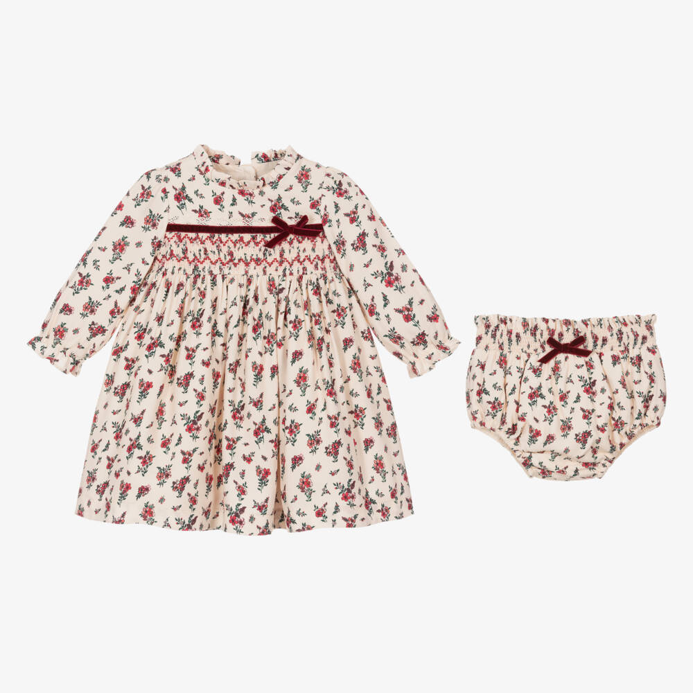 Beatrice & George-Baby Girls Ivory & Red Smocked Floral Dress | Childrensalon Outlet