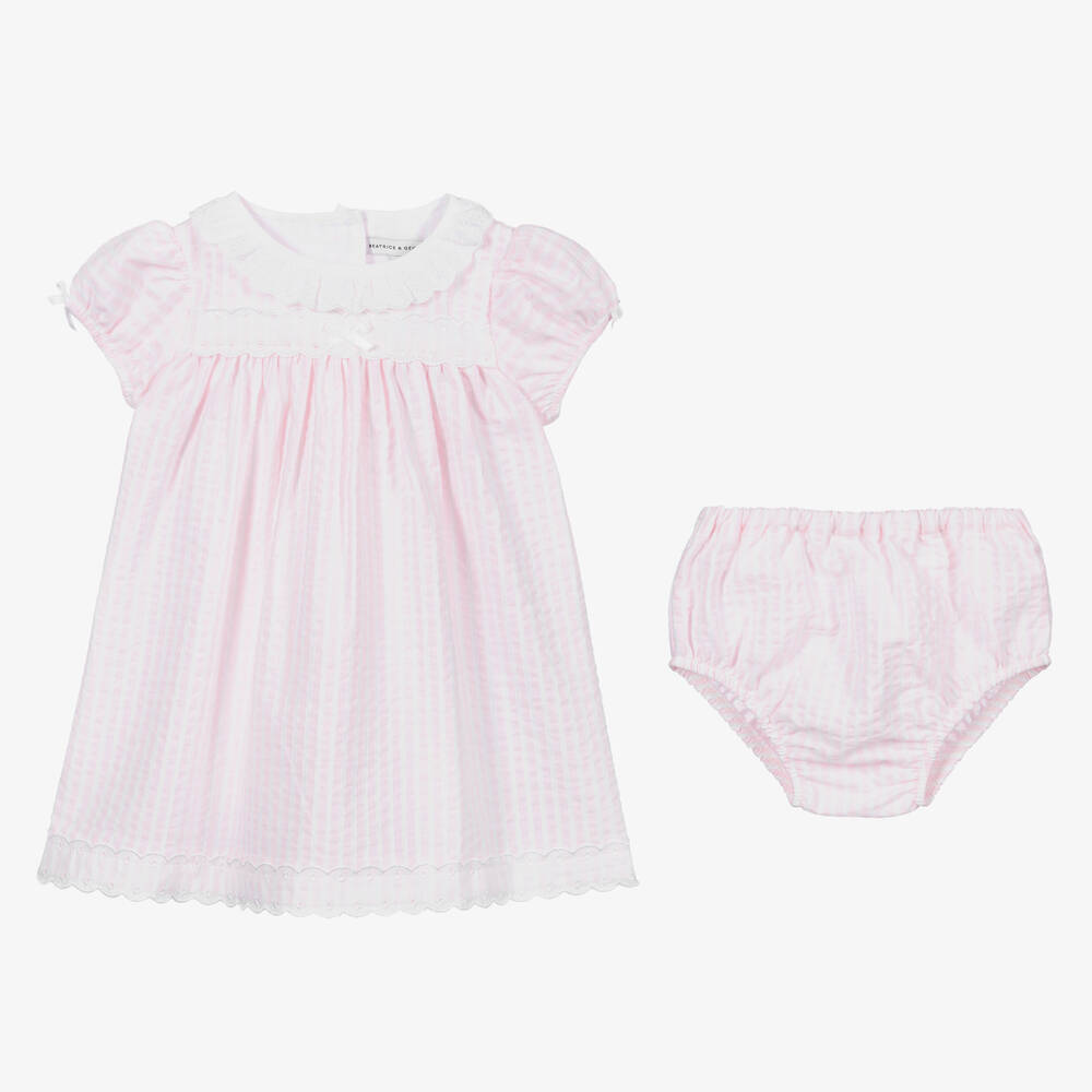 بياتريس آند جورج-طقم فستان وبونيه قطن لون زهري وأبيض للبنات الرضع | Childrensalon Outlet
