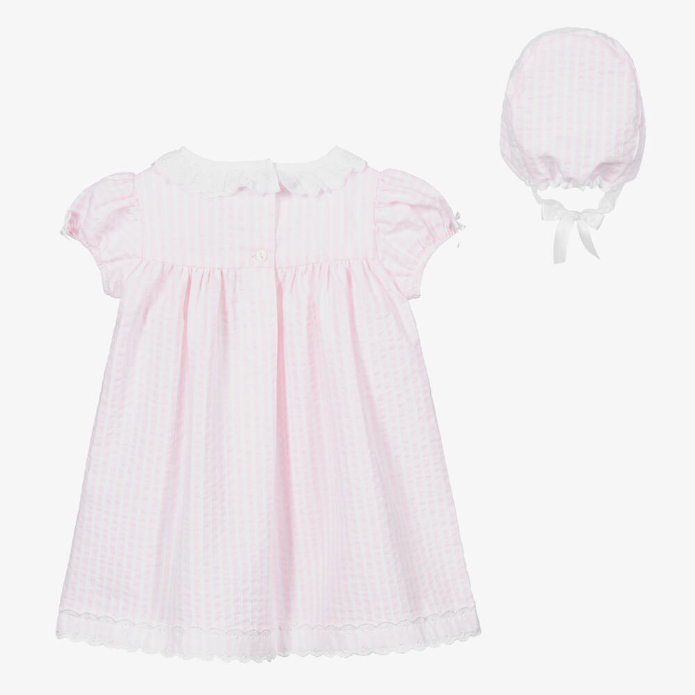 بياتريس آند جورج-طقم فستان وبونيه قطن لون زهري وأبيض للبنات الرضع | Childrensalon Outlet