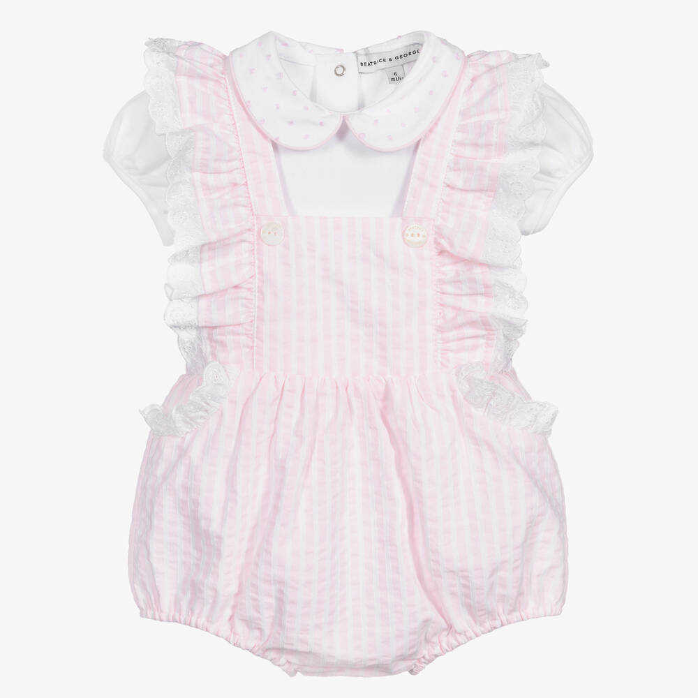 Beatrice & George-Baby Girls Pink Cotton Dungaree Shorts Set | Childrensalon Outlet