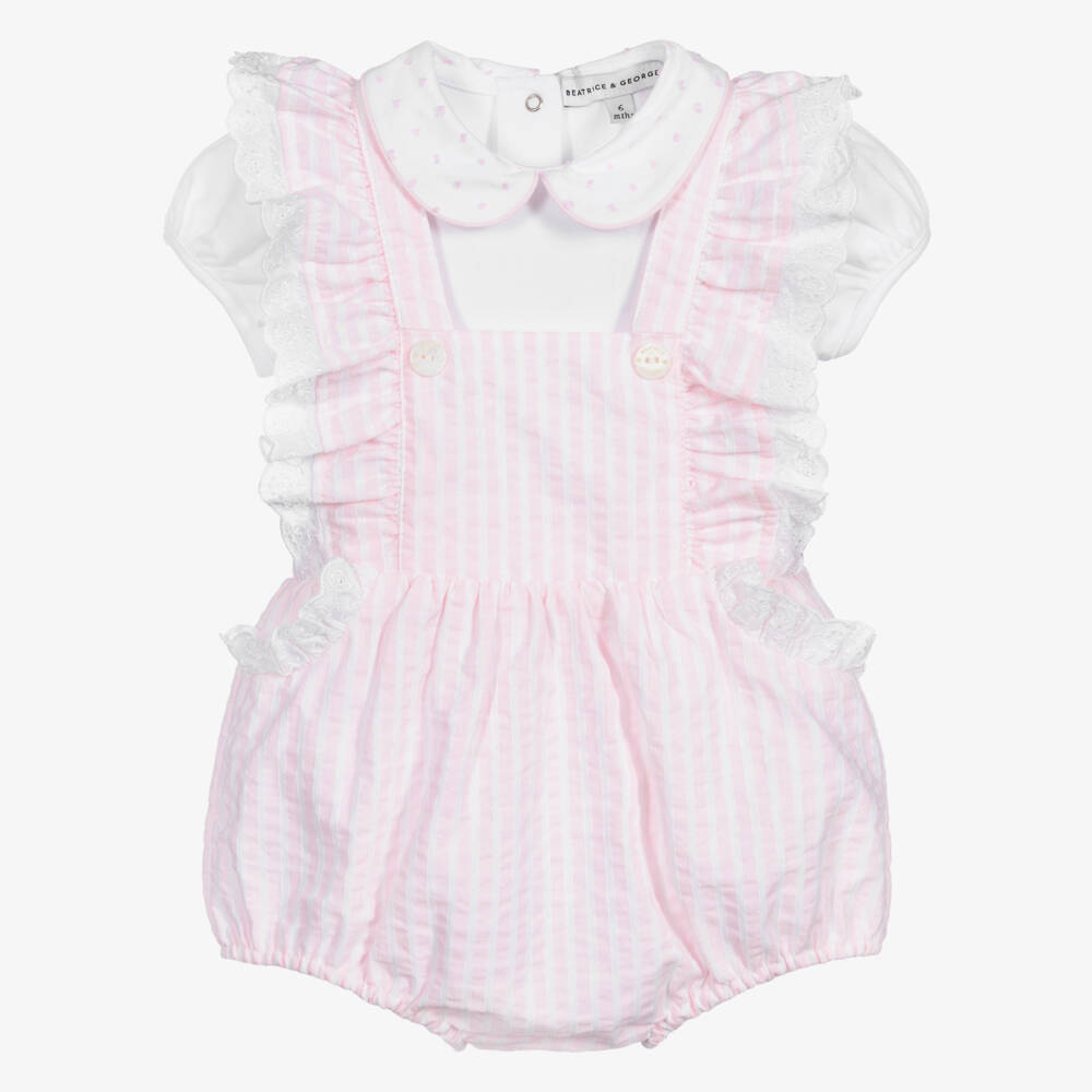 Beatrice & George-Baby Girls Pink Cotton Dungaree Shorts Set | Childrensalon Outlet