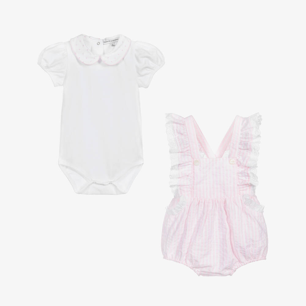 Beatrice & George-Baby Girls Pink Cotton Dungaree Shorts Set | Childrensalon Outlet
