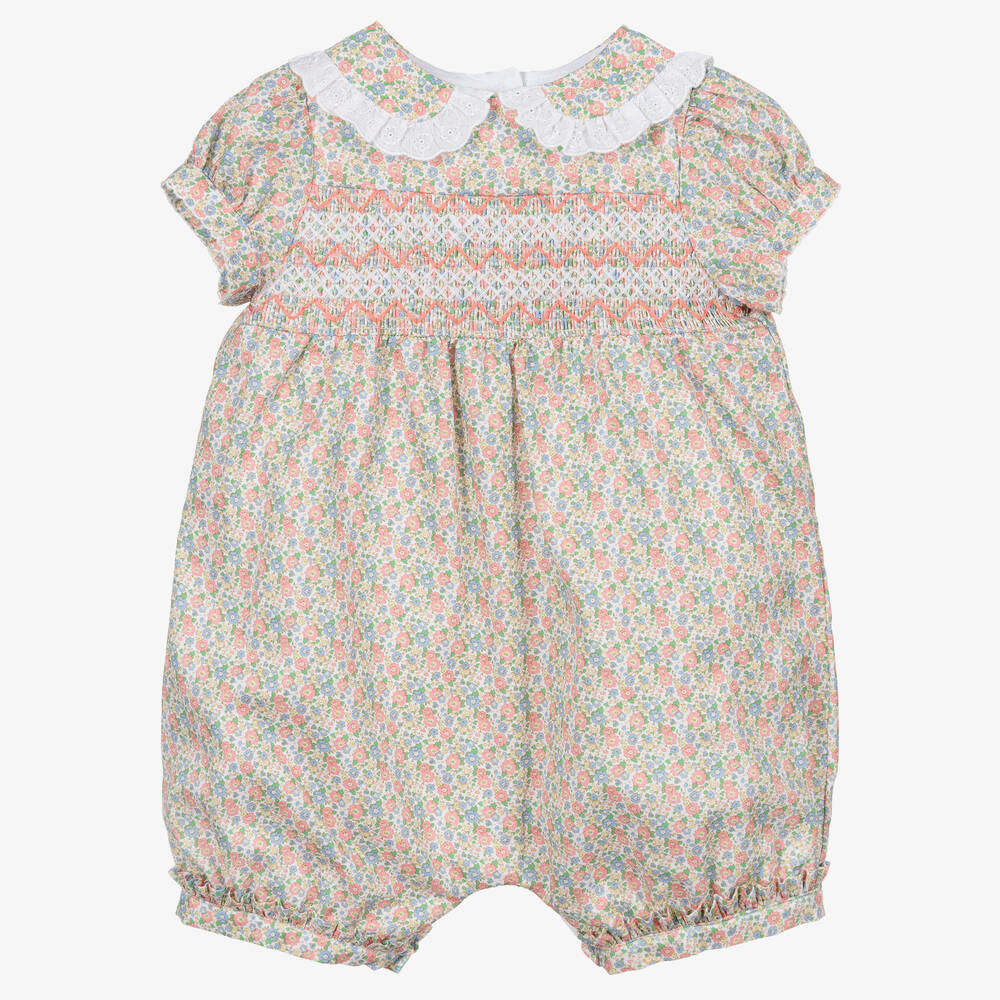 Beatrice & George - Baby Girls Pink & Green Floral Smocked Shortie | Childrensalon