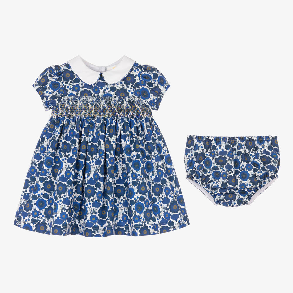 بياتريس آند جورج X Childrensalon-فستان مطرز سموكينغ قطن بوبلين لون أزرق | Childrensalon Outlet