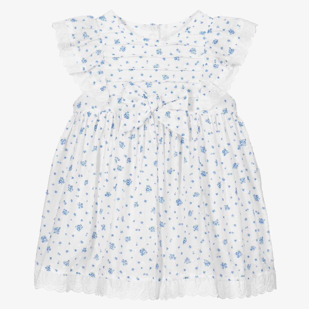 Beatrice & George - Robe blanche et bleue à volants en coton bébé fille | Childrensalon