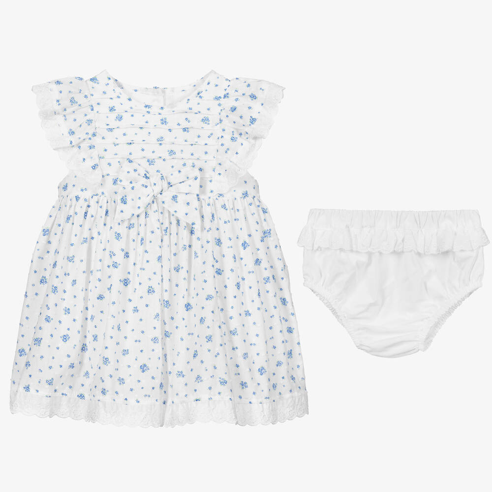 Beatrice & George-Baby Girls White & Blue Cotton Ruffle Dress | Childrensalon Outlet