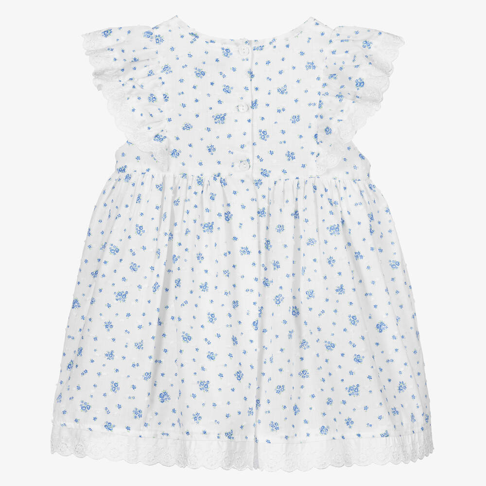 Beatrice & George-Baby Girls White & Blue Cotton Ruffle Dress | Childrensalon Outlet