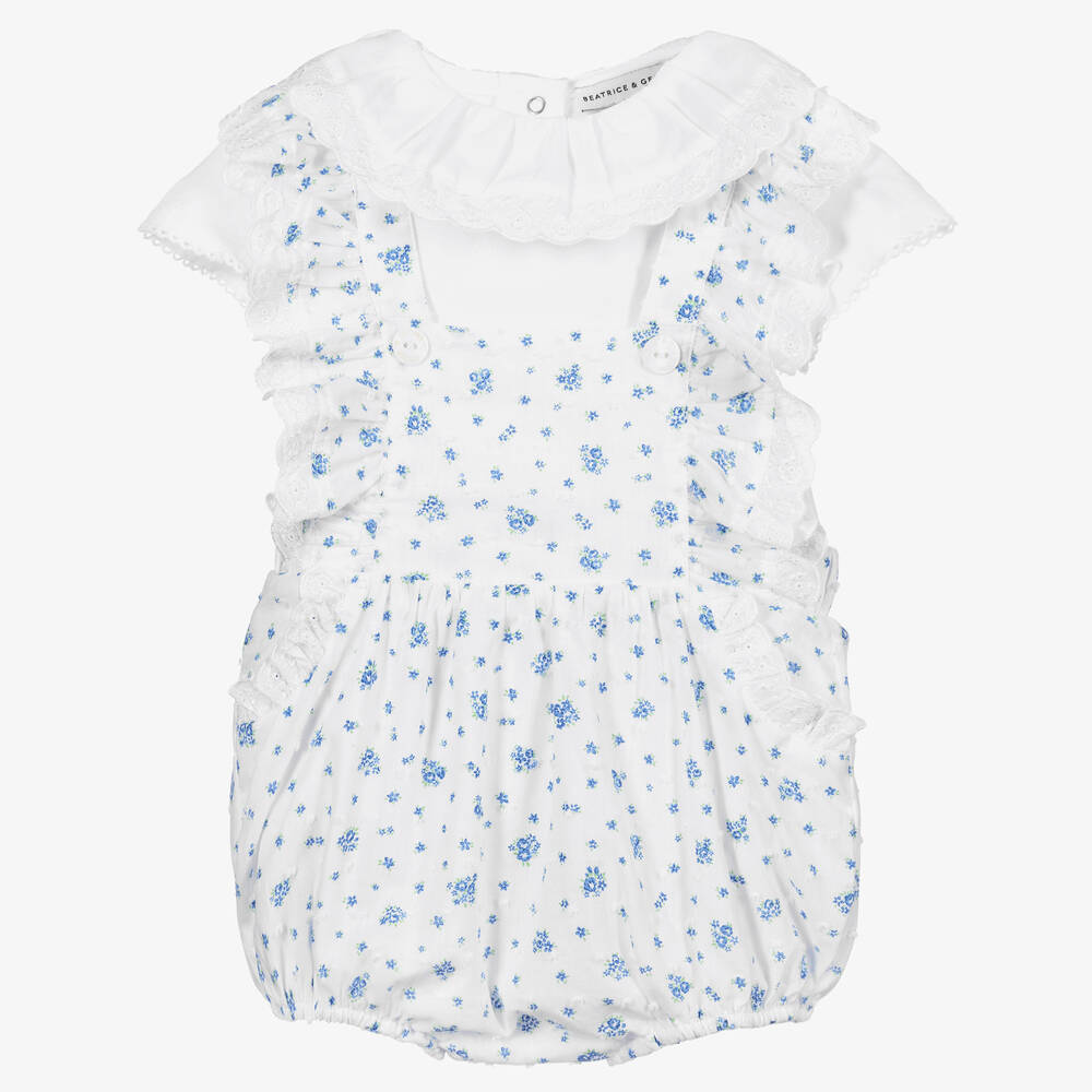 Beatrice & George-Baby Girls White & Blue Dungaree Shorts Set | Childrensalon Outlet