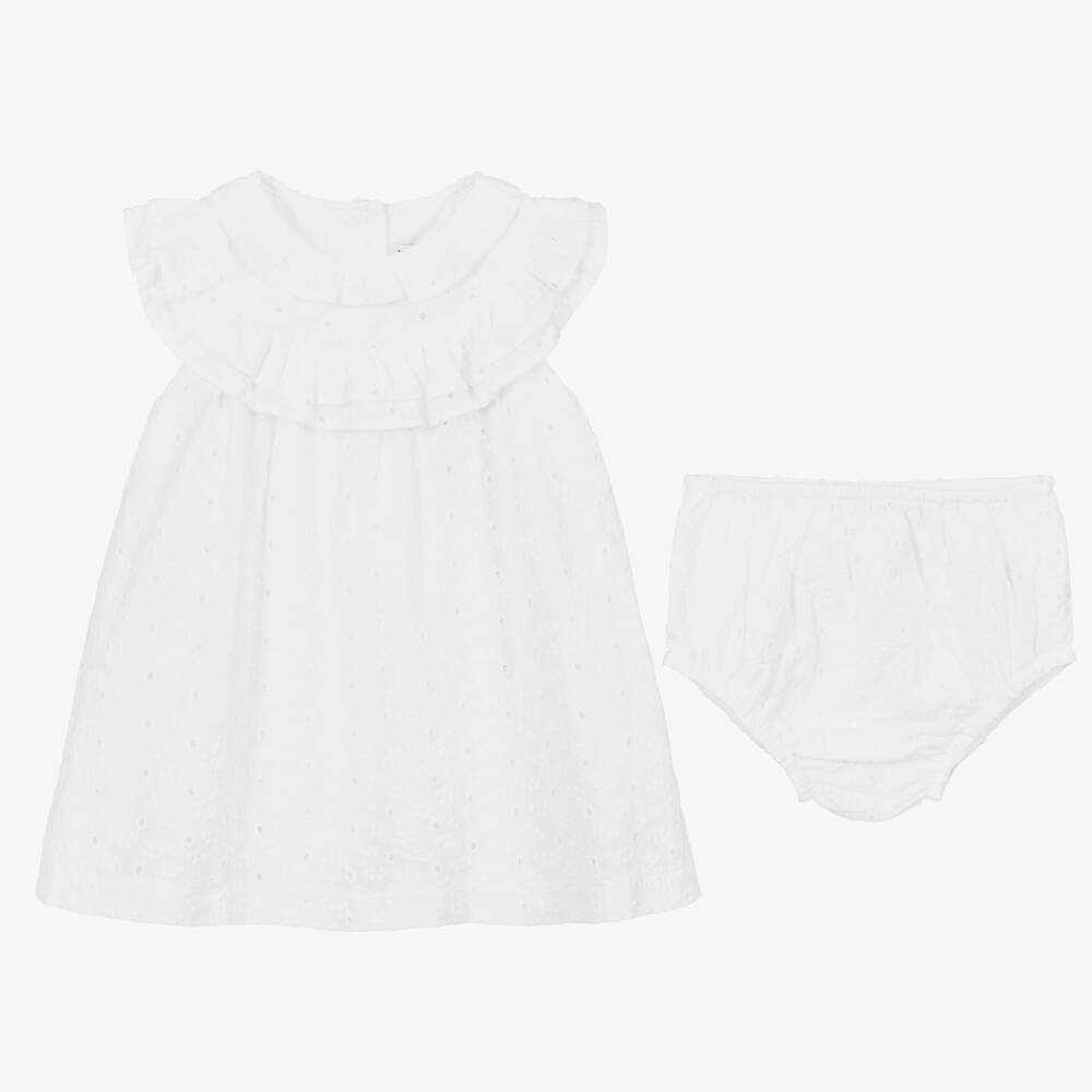 بياتريس آند جورج-طقم فستان برودوري انجليز لون أبيض للمولودات | Childrensalon Outlet