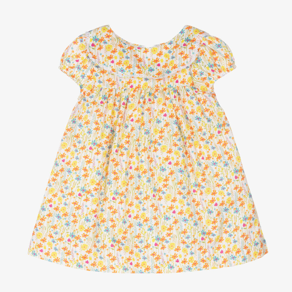 Beatrice & George - فستان أطفال بناتي قطن بوبلين لون أصفر وبرتقالي  | Childrensalon