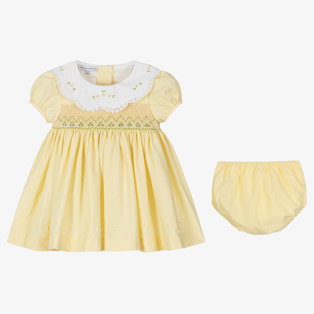 Beatrice & George-Baby Girls Yellow Hand-Smocked Daisy Dress | Childrensalon Outlet