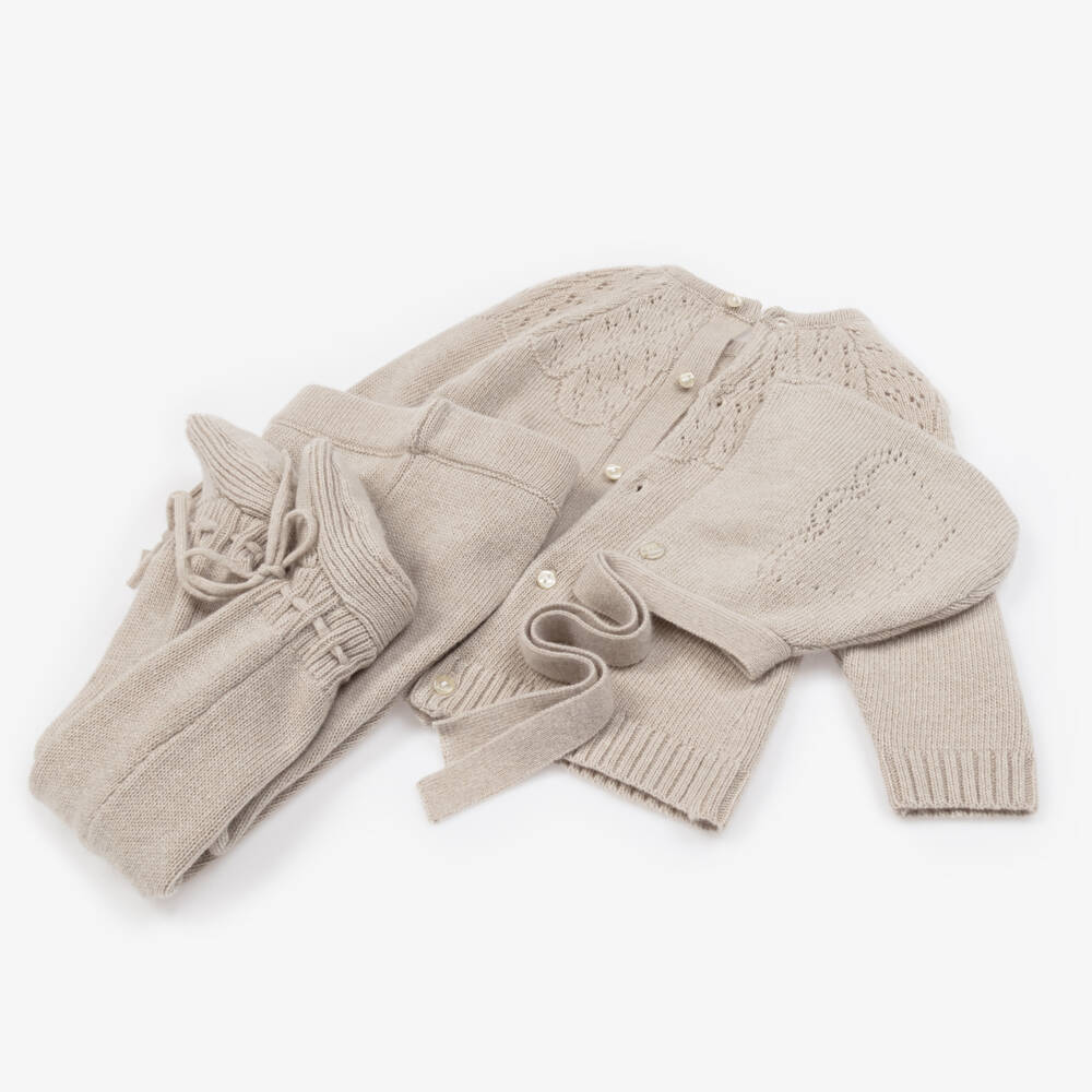 Beatrice & George-Beige Wool-Blend Knitted Babysuit Set | Childrensalon Outlet